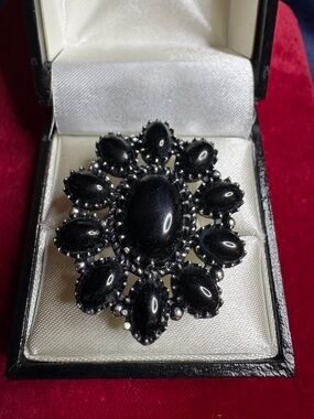 Ring Black Onyx Floral 925 Sterling Silver by Cabochon Statement